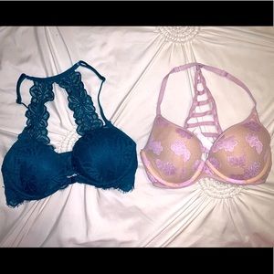 VS Emerald Green & Lilac and Nude Floral Lace Bra Bundle